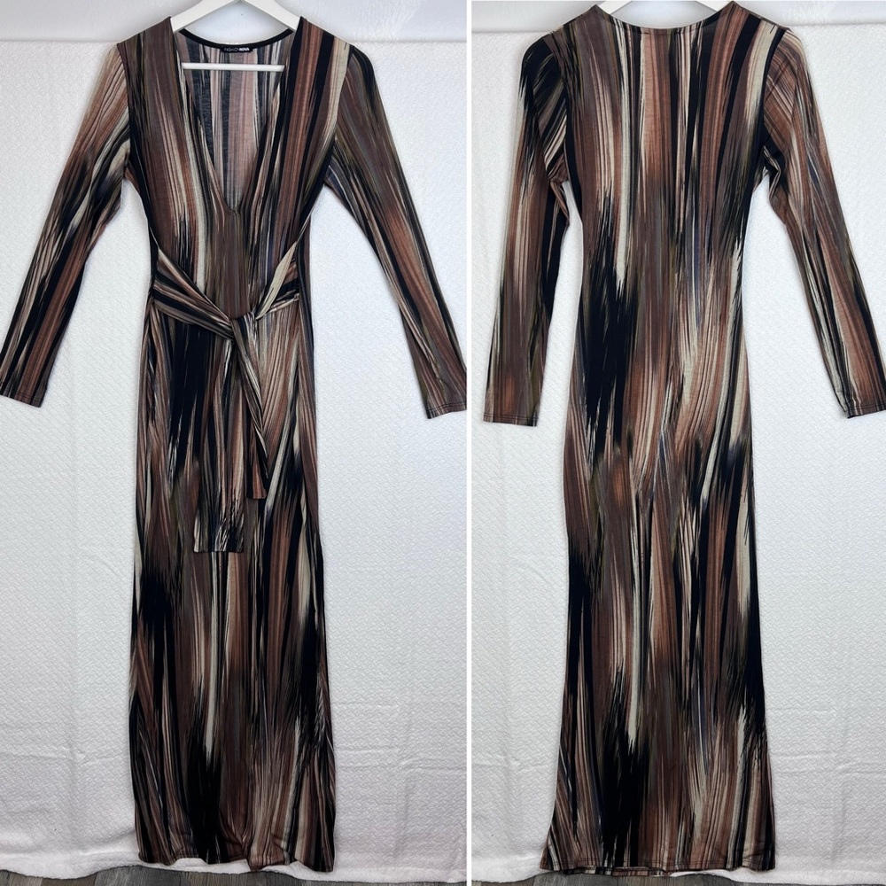 Fashion Nova Mind Of My Own Maxi Dress Brown/combo Stretch Deep cleavage belted - Picture 3 of 9